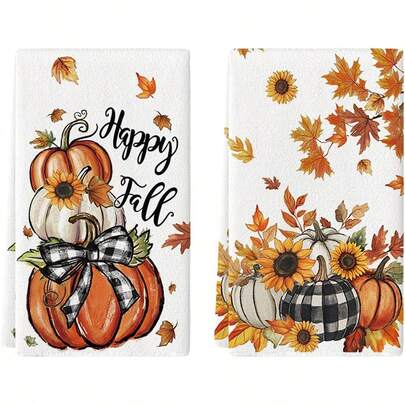 2件套厨房毛巾，感恩节秋收系列，向日葵枫叶南瓜印花，现代吸水抹布，烹饪烘焙茶巾，洗碗布，手巾，超柔软高吸水性，厨房装饰，邻居礼物，妈妈礼物，生日礼物，送给朋友的甜蜜乔迁礼物，厨房配件，家居必需品