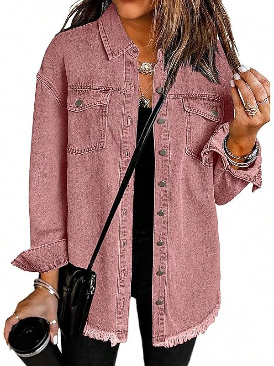 Vetinee Women's Oversized Button Up Frayed Hem Shacket Long Sleeve Pockets Denim Jean Jacket - Faded Rose - 查看 1
