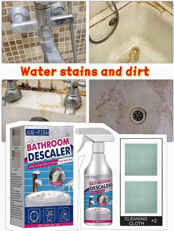 Limpiador de baño Jue-Fish, quitamanchas para bañera, rociador para cuarto de ducha, limpiador de vidrio y escala, agente de limpieza para acero inoxidable, lavabo, bañera, elimina manchas y grasa de varias superficies en el baño, limpia residuos de jabón y escala de azulejos, inodoros, bañeras, etc., manteniendo las áreas limpias.