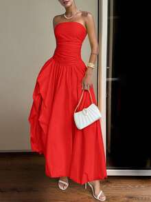 圣诞女士优雅性感红色无肩带长裙 – 不对称高开衩设计，后背系带可调节，是派对、鸡尾酒会、圣诞节、婚礼和约会之夜的理想之选，也是特殊场合、情人节派对和春季派对的完美选择。 - 紅色 - 查看 9