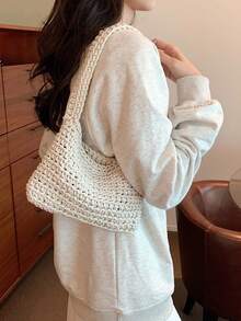 1 件女士单肩手提包，编织可折叠迷你敞口轻便时尚休闲手提包，白色软包 - 白色 - 查看 4