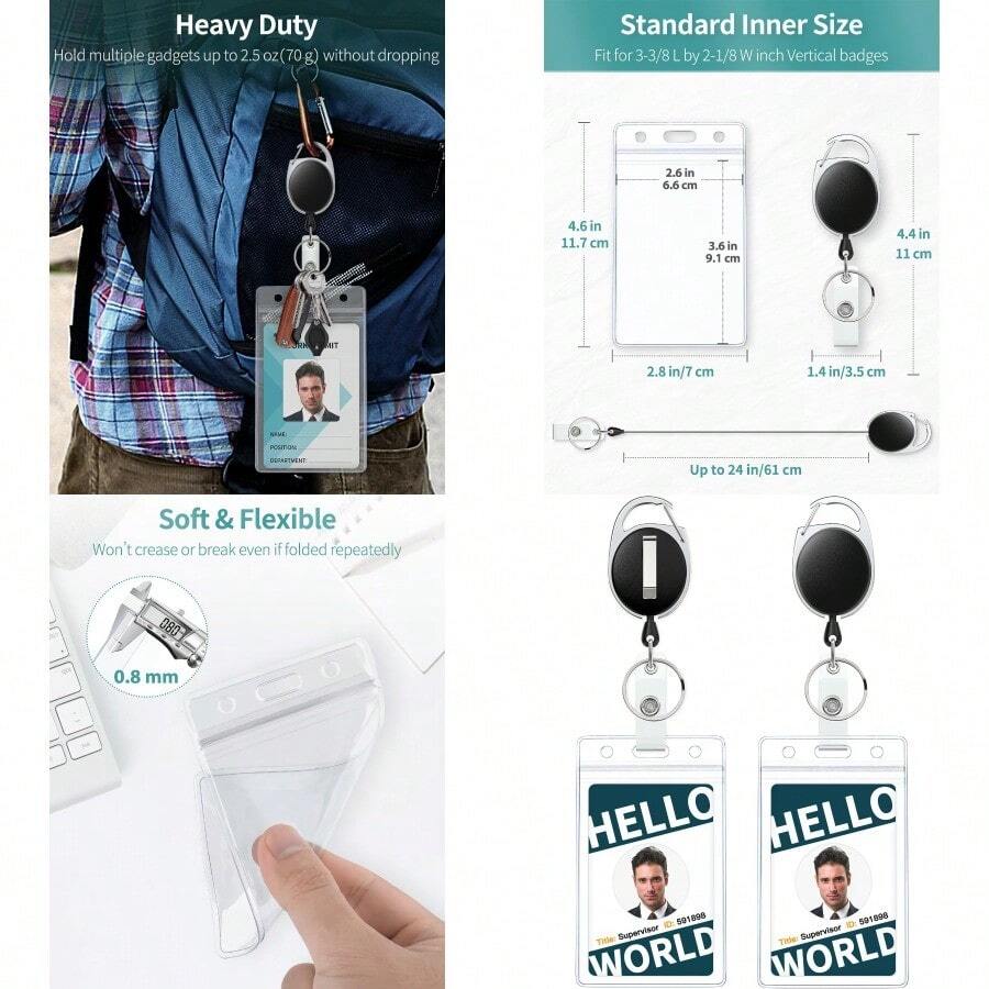 2 Pack Badge Holder Vertical Clear Plastic Case With Retractable Badge Reel Carabiner Clip Soft Waterproof Card Protector For IDs Credit Cards Proximity Cards Drivers Licenses And Passes - 樣式1 - 查看 1
