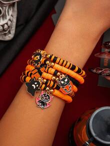 6pcs/Set Gothic Halloween Polymer Clay Beaded Bracelet, Ghost, Bat, Pumpkin Pendant, Vintage Fashion, Dark Night Party Jewelry Gift For Women & Couples