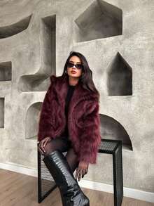 TRAFZA Women's Faux Fur Elegant Jacket, Casual Luxury Solid Color Coat, Warm Loose Women's Fashion Street Style Long Sleeve Jacket - Burgundy - View 7