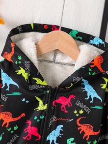 Tween Boy Dinosaur Print Warm Hooded Jacket - Black - View 6