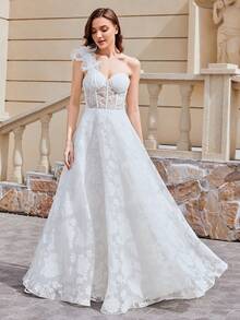 Elasola Vestido de noiva romântico de organza com um ombro só, sem mangas e com babados florais. Elegante - Branco - Ver 1