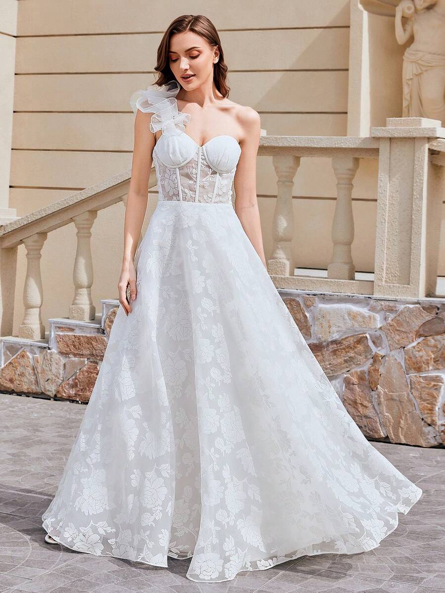 Elasola Vestido de noiva romântico de organza com um ombro só, sem mangas e com babados florais. Elegante - Branco - Ver 1