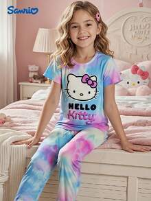 Sanrio Sanrio Hello Kitty (Leuchteffekt im Dunkeln) Flammhemmende Mädchen Kurzarm Pyjama Set + Schmetterling Muster Lange Hose 2 Stücke Nachtwäsche