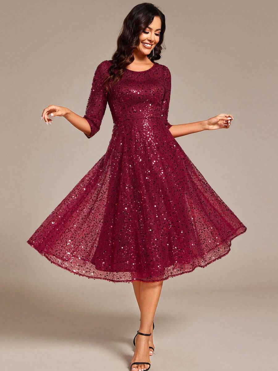 Đầm đính sequin thanh lịch, phù hợp cho tiệc cưới, dạ hội, lễ tốt nghiệp, tiệc tối, dạ hội ngày lễ, đầm dành cho mẹ cô dâu, đầm dự tiệc trang trọng. - Màu Đỏ Sâu - Xem 1