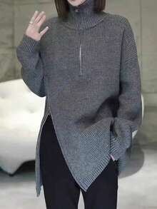 女士长袖针织毛衣上衣，新款秋冬半拉链领拉链下摆开叉休闲套头衫 - 灰色 - 查看 2