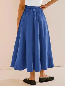 Womens A-Line Midi Skirt Elastic High Waist Pleated Flowy Swing Casual Long Skirt With Pocket - 藍色 - 查看 2
