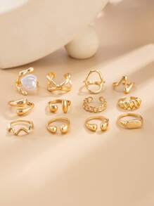 11 件/套时尚金属几何镂空液体抽象水滴设计开口戒指，复古波西米亚巴洛克风格仿珍珠装饰戒指套装，女士时尚首饰套装，适合日常装扮、海滩度假和派对配饰 - 金黃色 - 查看 10