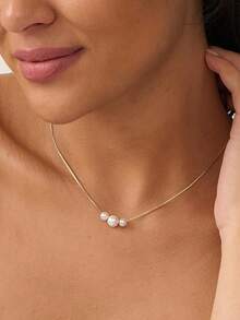 1pc Elegant Women's Jewelry New Minimalist Niche 3 Pearl Necklace, Elegant Versatile Clavicle Chain, Fashionable Simple Versatile Necklace Suitable For Daily Wear - Yellow Gold - View 1
