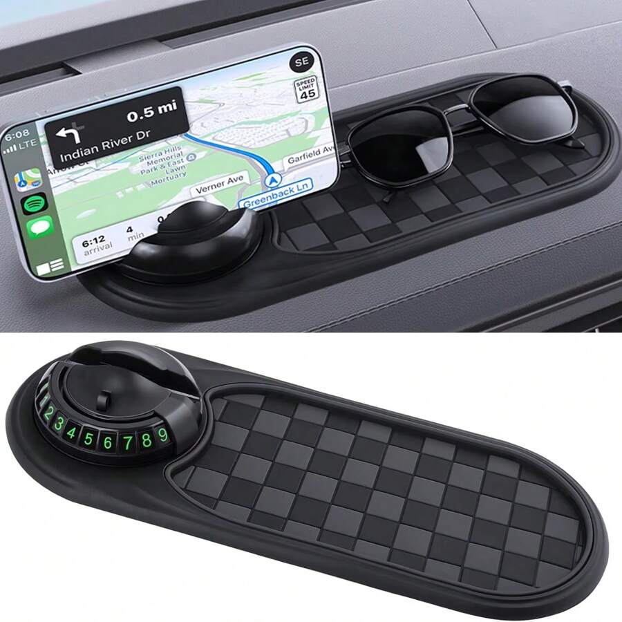 Multifunction Car Anti-Slip Mat, Rotatable Anti Skid Car Dashboard Pad With Temporary Parking Number, Universal Car Anti Slip Mat With Phone Holder For Phones Sunglasses Keys Gadget