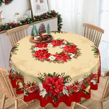 1pc Christmas Theme Polyester Tablecloth, Round Tablecloth Diameter 145cm, Rectangular Tablecloth 140x180cm, Christmas Decor Tablecloth/Tablecover, Red Christmas Floral Pattern Holiday Tablecloth, Christmas Holiday Table Center Decor, Christmas Party & Family Gathering Atmosphere Decoration Tablecloth. - Multicolor - View 4
