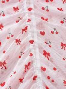 Women's White Sheer Sleepwear, Red Heart Shape&Bow&Cherry Digital Print, Ruched V-Neck Camisole Tight Dress,Spaghetti Strap Slip Dress,Sexy Lingerie - White - View 8