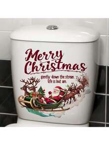 1张厕所贴纸，圣诞老人麋鹿图案，英文风格，PVC材质，可移除自粘，易撕，适用于厕所装饰、浴室厕所、卫生间，美化装饰贴纸，家居装饰，让您的生活焕然一新，节日装饰贴纸，生日毕业礼物，房间装饰，卧室装饰，厨房装饰，墙贴，墙面装饰，圣诞装饰，家居装饰 - 彩色 - 查看 5