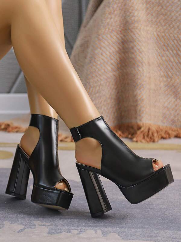 Women's High Heel Shoes, Solid Color, Nightclub Style, Buckle Closure, Sexy Thick Heel, Square Toe, Waterproof Platform, Black, Fashion Party Shoes, Banquet Shoes