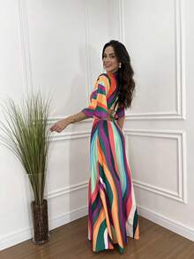 Elegant Women's Long Dress With V Neck,Holiday Beach Dress - sọc - Xem 3