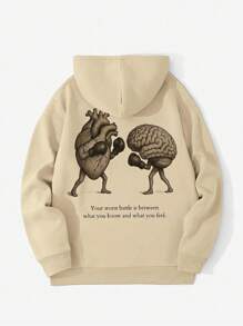 男式标语心形印花长袖抽绳休闲连帽衫，带口袋 - 杏色 - 查看 4