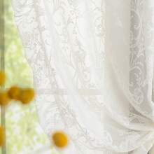Green Sheer Curtains 108 Inch Long Living Room - Shabby Chic Floral Ruffled Curtains, Elegant Knitted Privacy Rod Pocket, Emerald Green, Spring/Summer, 1 Pair, 59 X 108 Inch - Cream - 查看 3