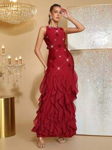 New Sexy Off-The-Shoulder Rhinestone Decorated Handmade Three-Dimensional Flowers Slim Fit Long Bandage Dress Holiday Wedding Bridesmaid Dress Elegant Birthday Party Ladies Formal Dinner Dress Skirt