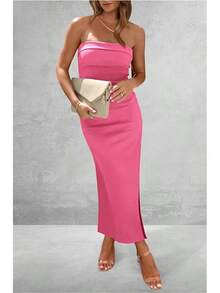 Women's Summer Bodycon Maxi Tube Dress Ribbed Strapless Side Slit Long Going Out Casual Elegant Party DressesHalloween Christmas New Year - 玫瑰粉紅 - 查看 4