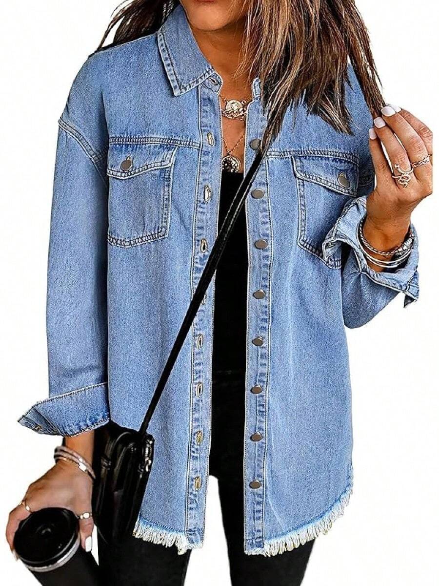 Vetinee Women's Oversized Button Up Frayed Hem Shacket Long Sleeve Pockets Denim Jean Jacket - Wave Blue - 查看 1