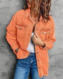 Vetinee Women's Oversized Button Up Frayed Hem Shacket Long Sleeve Pockets Denim Jean Jacket - 橘色 - 查看 7