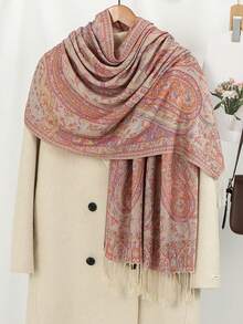 1 pezzo Sciarpa da donna stile boho con nappine, scialle jacquard con motivo paisley, hijab in pashmina con motivo a pietra, serie rosa, vari motivi raffinati, adatto come regalo, adatto per uscite autunnali e invernali - Rosa - Visualizzare 6