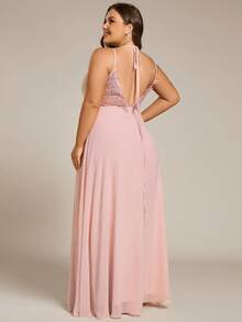 EVERPRETTY Plus Size Backless V-Neck Chiffon Bridesmaid Dress Spring Wedding Party - Baby Pink - View 5