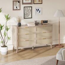 Cómoda de 6 cajones para dormitorio, de ratán natural con tiradores de metal dorado, estilo rústico con 5 patas resistentes para salón, recibidor y recibidor, de roble - Color de la madera - Ver 3