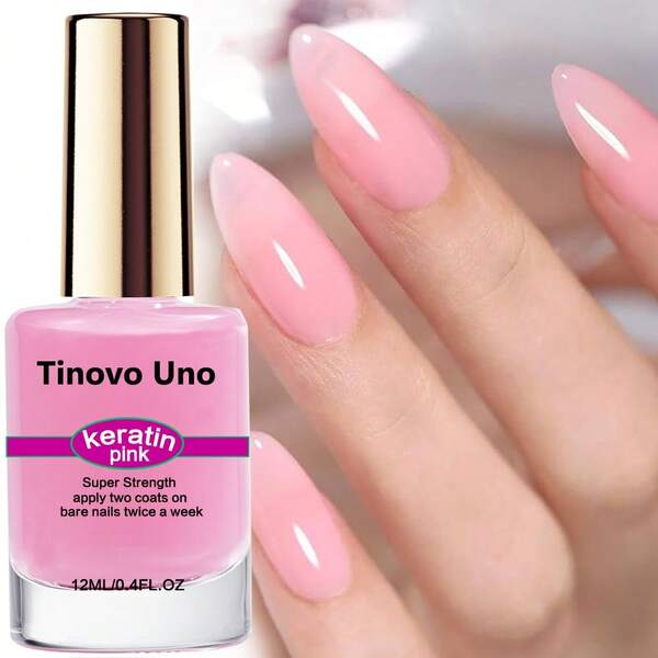 Tinovo Uno Fortalecedor de uñas con queratina color rosa - Fórmula de gelatina rosa natural de alta resistencia, esmalte de secado rápido y sin alcohol para uñas débiles y delgadas, 12ml, Esmalte de cuidado de uñas, Diseño de botella elegante, Esmalte de alta calidad