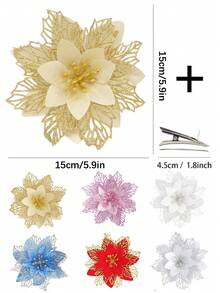 20/10/1pc Poinsettia Christmas Floral With Clips, Christmas Decorations, Shiny Poinsettia, Christmas Tree Flower Decor, DIY Christmas Wreath, Home Holiday Party - Gold - View 4