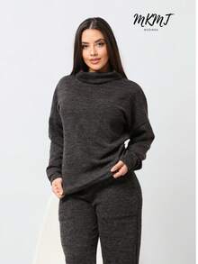 WMS Women's Woolen Ribbed Crew Neck Pants Set SimpleElegantCasualCutePocket - Black and White - View 4