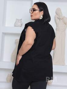 Women's Clothing Max Women's Long Plus Size Denim Vest With Frayed Hem Without Lycra - màu đen - Xem 2