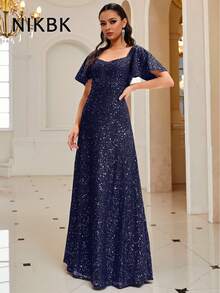 NIKBK Abito da sera elegante con paillettes per donna, in misto poliestere ed elastan, scollo quadrato, orlo ampio, lunghezza lunga, tessuto maglia vestibilità morbida, con 95% poliestere, 5% elastan, adatto per feste, banchetti, spettacoli e occasioni speciali, abito da sera formale, vestito da ballo del 4 luglio - Blu Navy - Visualizzare 6