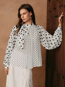 Savoree Women Elegant Polka Dot Print Pleated Tied Blouse, Long Sleeve Tops, Versatile Work & Casual Outfits, Spring