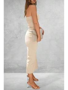 Women's Summer Bodycon Maxi Tube Dress Ribbed Strapless Side Slit Long Going Out Casual Elegant Party DressesHalloween Christmas New Year - 米色 - 查看 2