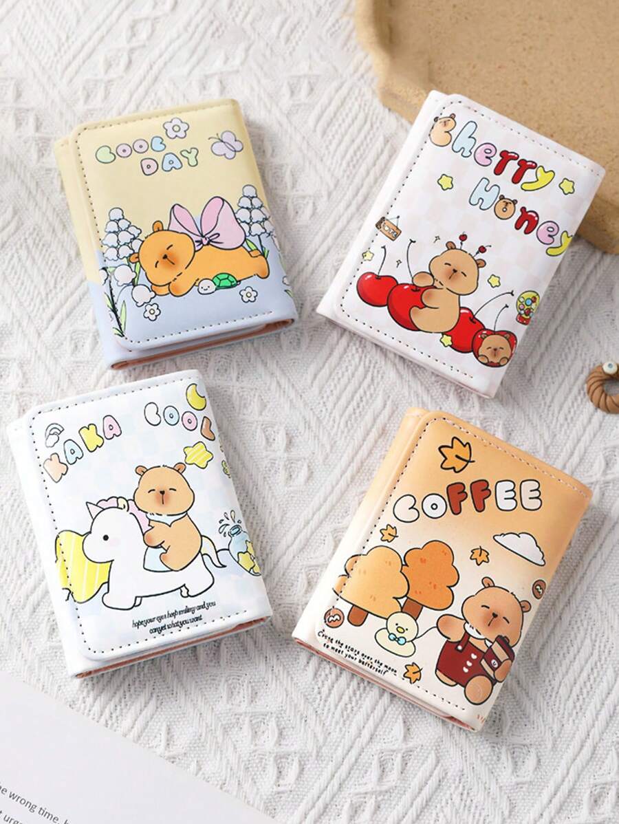 Cartoon Bear Design Women's Trifold Wallet, Multifunctional Purse, Portable Plaid Card Holder, Driver's License Pouch - Multicolor - View 1