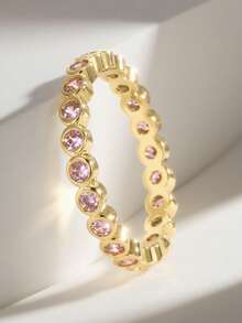 Charm-In 女士时尚优雅粉色锆石镀金戒指 - 金色/粉石 - 查看 3