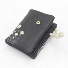 1个黑色树叶印花短款钱包，拉链口袋学院风零钱包，多卡位女士卡包，日常携带收纳包 - 黑與白 - 查看 4