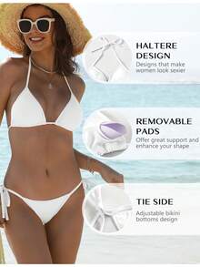 Bikini Sets For Womens Two Piece Swimsuits Halter String Triangle Bathing Suit Swim Sexy Tie Side Bottom Swimwear ,Local Delivery - 白色 - 查看 7
