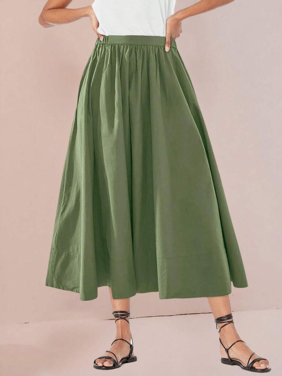 Womens A-Line Midi Skirt Elastic High Waist Pleated Flowy Swing Casual Long Skirt With Pocket - 橄欖綠 - 查看 1