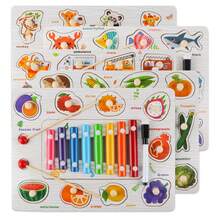 3+ Years Old Wooden Embedded Children's Hand Grab Board With Matching Puzzle, Xylophone, Painting Game Set, Reverse Side With Drawing & Writing Board, Animal, Fruit, Transportation Cognitive Early Education Intelligence Development Toy. Montessori Wooden Toy Learning Tool