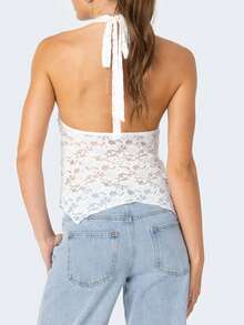 Women's Lace Deep V Neck Sleeveless Crop Tank Top Summer Going Out Tops Ruched Basic Tunic Lace Tops - Pink - View 5