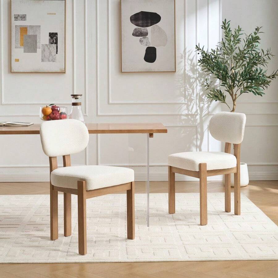 Modern Farmhouse Dining Chairs Set Of 2, Chenille Fabric Kitchen Chair With Rubber Wood Legs Armless Upholstered Accent Chairs For Dining Room Kitchen Island Home - 米色 - 查看 1