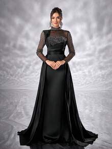 YISIKADO فستان نسائي فاخر بأكمام طويلة وياقة مرتفعة من الشبكة والأقمشة الساتان المخملي مع تفاصيل من الراين لحفلات التخرج والحفلات الرسمية وحفلات الزفاف