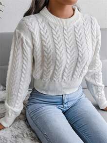 Women's Cable Knit Crew Neck Long Sleeve Cropped Pullover Sweater, Casual For Autumn/Winter - trắng - Xem 1