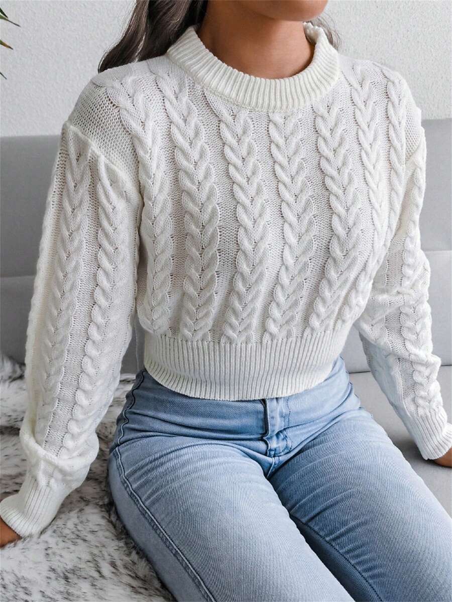 Women's Cable Knit Crew Neck Long Sleeve Cropped Pullover Sweater, Casual For Autumn/Winter - trắng - Xem 1